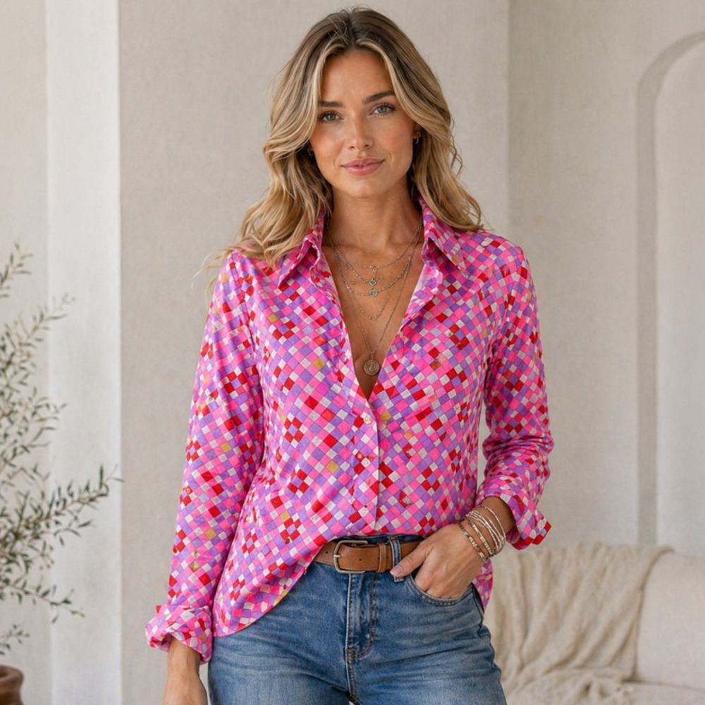 Elles Belles Pink Geometric Button Up Shirt Retro Print Blouse Size S/M